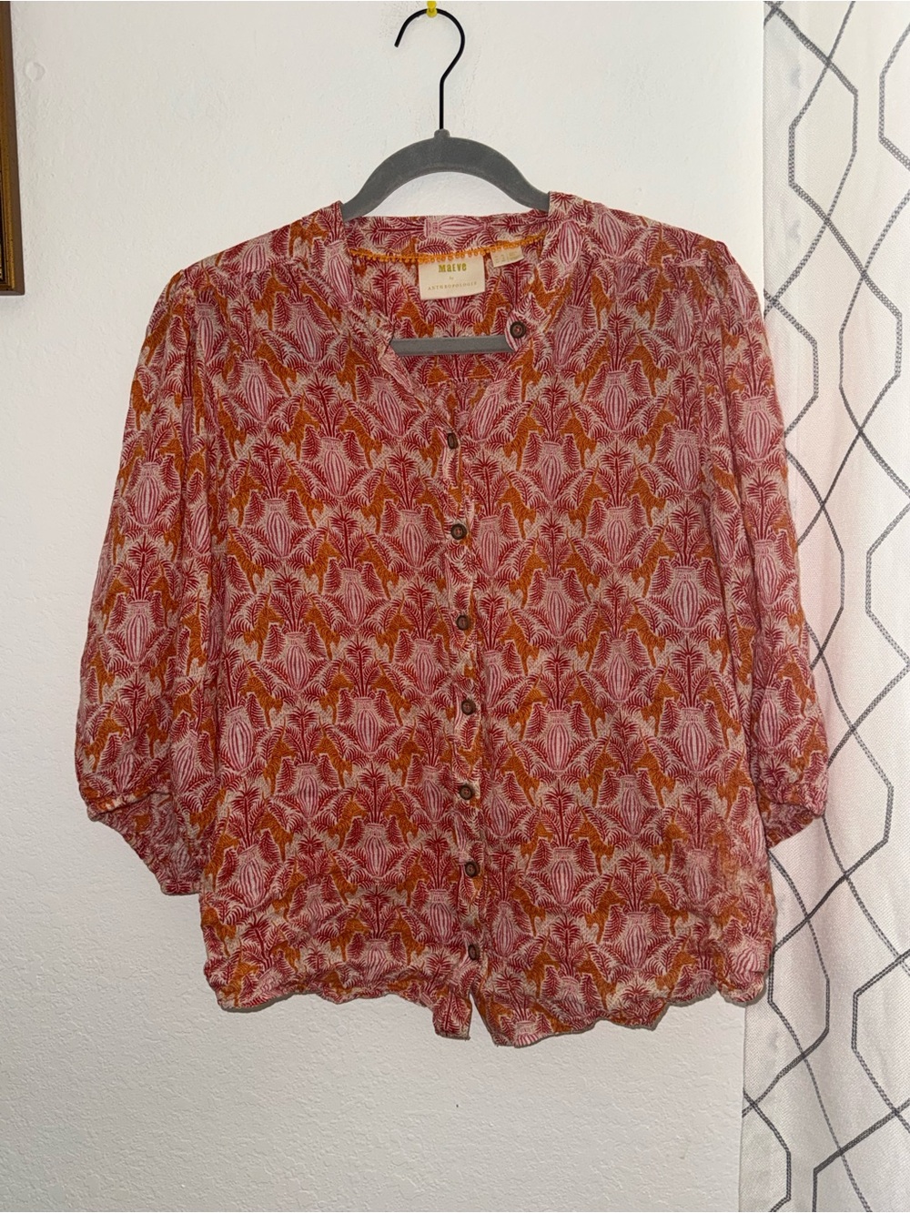 Anthropologie Rust Red & Mustard Patterned Button-Front Blouse